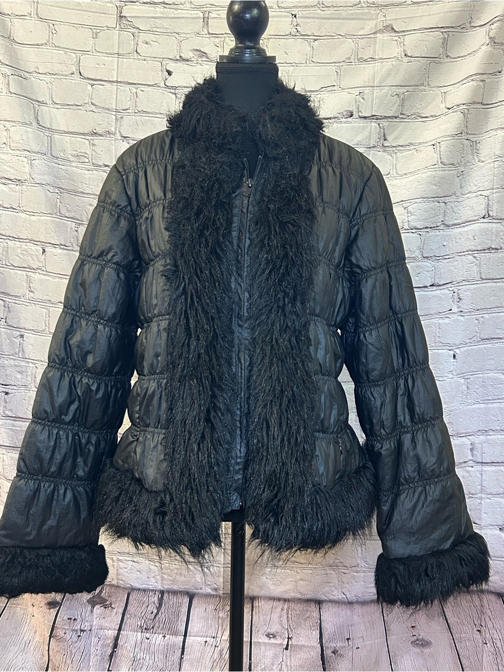 INC International Concepts Black Quilted Puffer Jacket with Faux-Fur Trim
